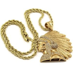 Men's Gold Iced CZ XL Indian Head Pendant Necklace